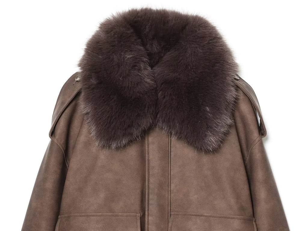Women's  Faux Fur Collared Zip-Up Jacket with Pockets