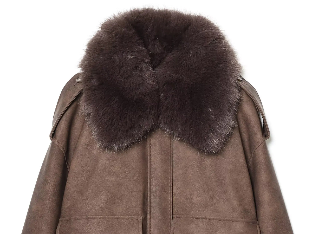 Women's  Faux Fur Collared Zip-Up Jacket with Pockets