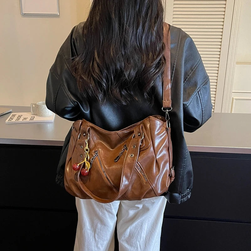Women's Faux Leather Tote Shoulder Bag with Charm