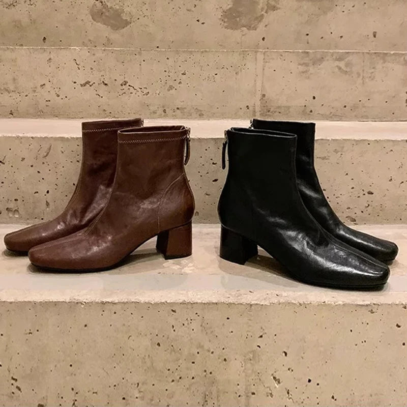Women's Square-Toe Block Heel Ankle Boots with Back Zipper