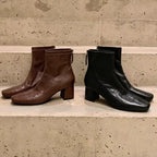 Women's Square-Toe Block Heel Ankle Boots with Back Zipper
