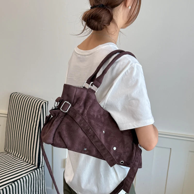 PU Leather Vintage Tote Bag – Rivet Detail, Adjustable Strap, 37×20×9 cm