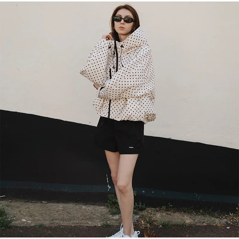 Polka Dot Hooded Women's Jacket Chic Turtleneck Zipper Long Sleeve Pockets Thin Coat 2026 Autumn Outerwear