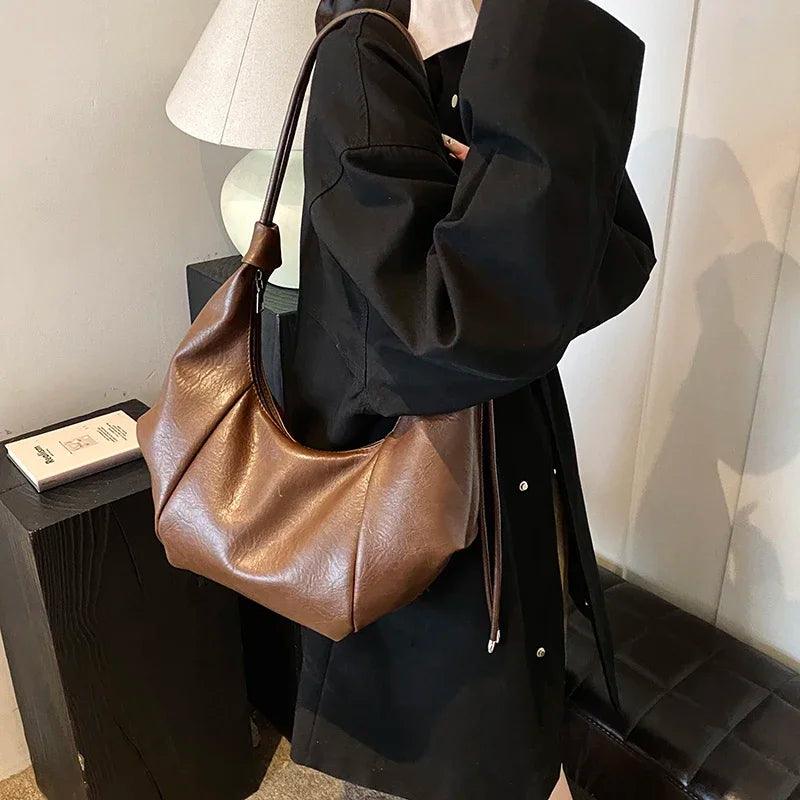 Large Leather Crescent Shoulder Bags Women Soft Zipper String Strap Handbags