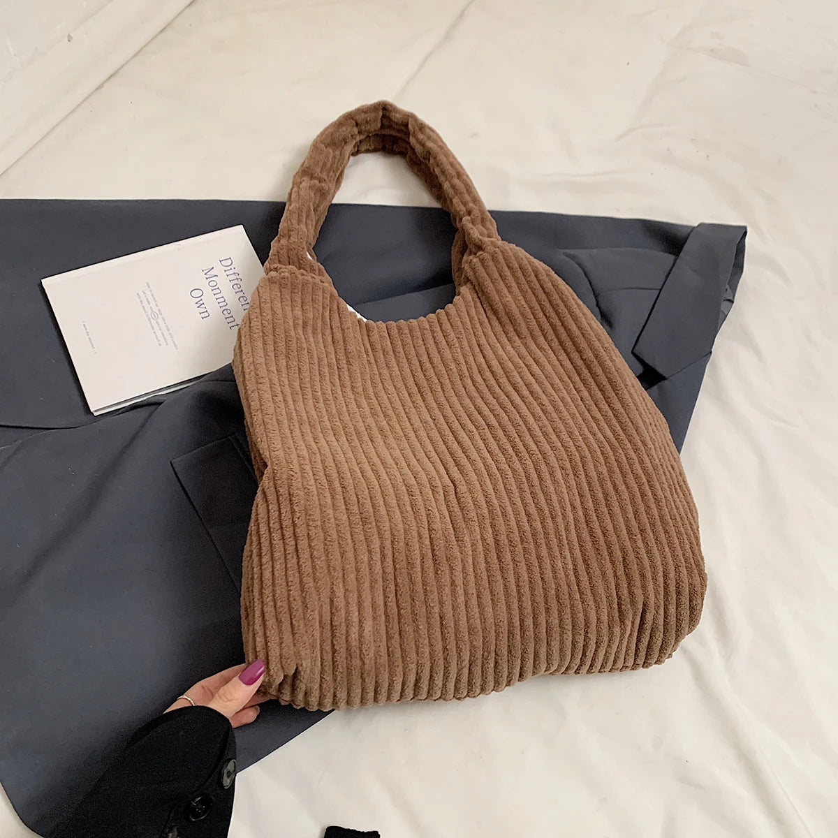 Soft Large Corduroy Handbags Women Snap Casual Style Tote Handbags