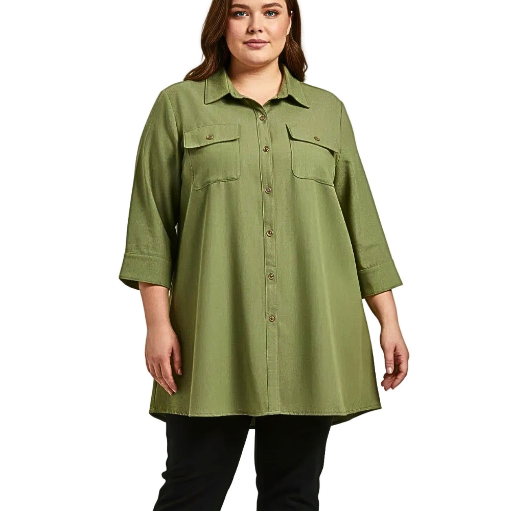 Sand Utility Plus Size Tunic Women's Olive Green Shirt Button-up 3/4 Sleeve Top