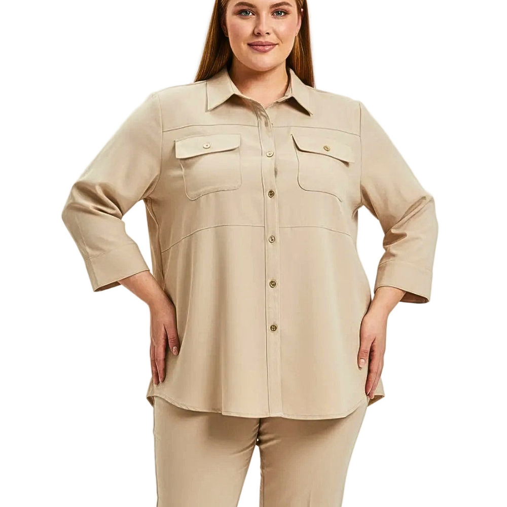 Sand Utility Plus Size Tunic Women's Sand Beige Shirt Button-up 3/4 Sleeve Top