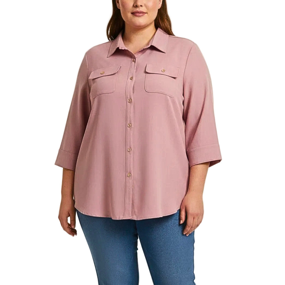Sand Utility Plus Size Tunic Women's Sand Pink Shirt Button-up 3/4 Sleeve Top