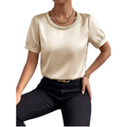 Satin Bodysuit Round Neck Pearl Trim Short Sleeve Fashion Gold Romper