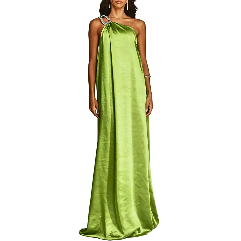 Satin Maxi Dress One-Shoulder Rhinestone Ruched Elegant Party Women's