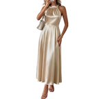 Satin Midi Dress Pearl Halter Neck Pleated Gold Sleeveless Ruffle Party Dress