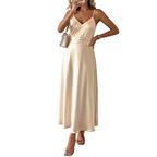 Satin Midi Dress V-Neck Pleated High Waist Champagne Party Sleeveless Strappy