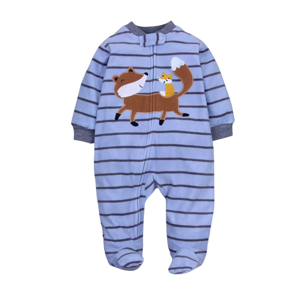 Blue and grey striped romper with large brown fox carrying orange fox on tail, grey cuffs, and front zipper