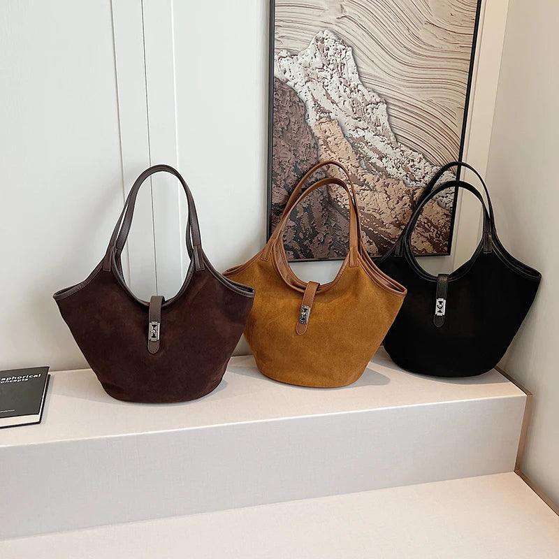 Small Nubuck Leather Shoulder Bags Women Zipper Turn Lock Matte Tote Handbags