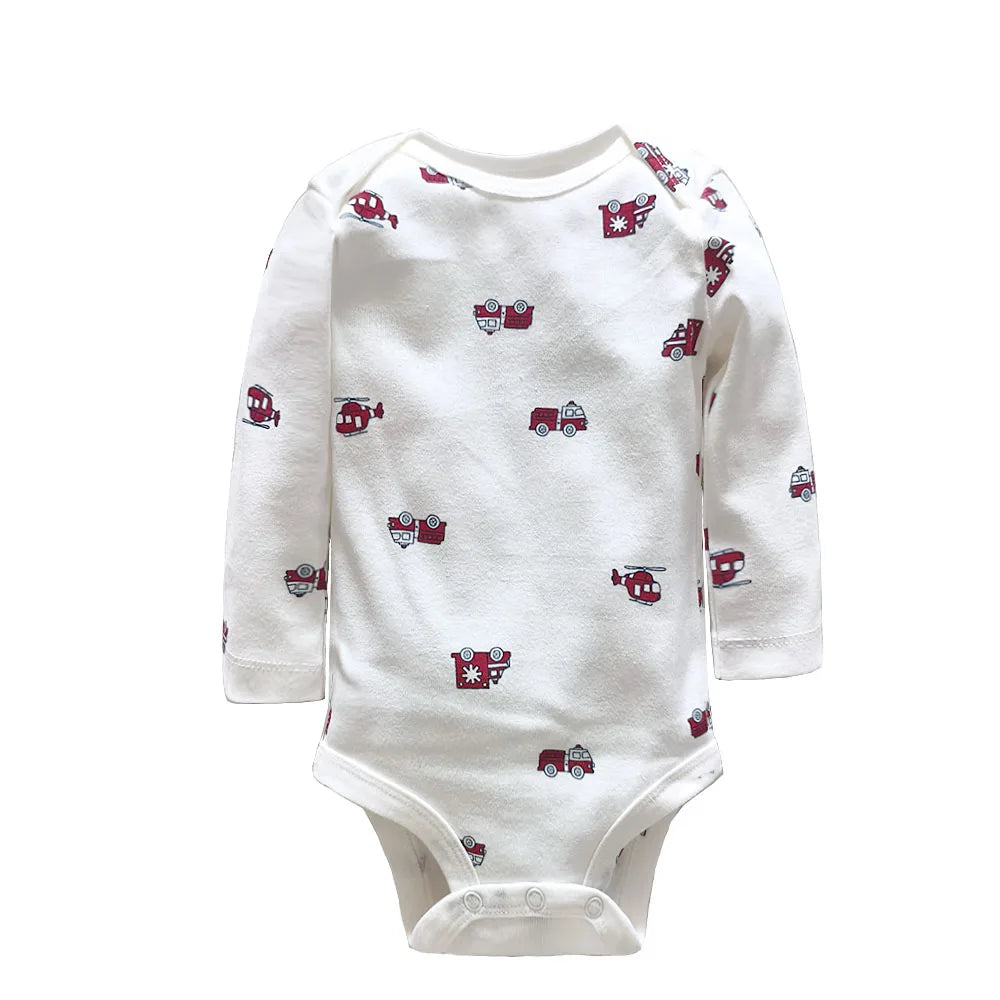 White fire truck and helicopter patterned onesie with round neck and three bottom snaps