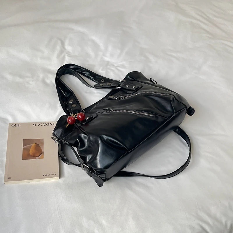 Women's Faux Leather Tote Shoulder Bag with Charm