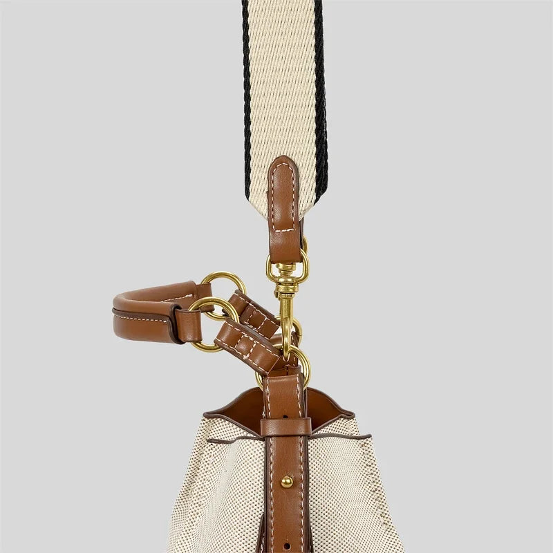 Women's Canvas & PU Leather Bucket Bag with Wide Crossbody Strap
