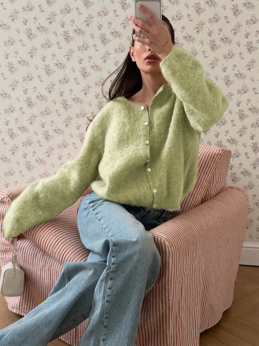 Women's Cardigan Single-Breasted O-Neck Button Knit Regular Fit Full-Sleeve Office Lady Spring Autumn Sweater