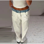 Women's Denim Patchwork Wide-Leg Ankle Jeans Drawstring Low Waist Loose Fit Casual Trendy Bottoms