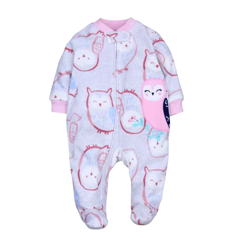 Grey marled romper with white owl sketch pattern, solid pink owl applique, and contrasting pink cuffs