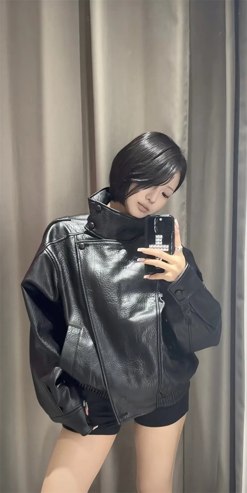 Women's Jacket Pebble Faux Leather Full-Sleeve Moto-Style Zipper Casual Coat