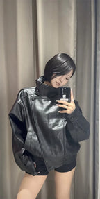 Women's Jacket Pebble Faux Leather Full-Sleeve Moto-Style Zipper Casual Coat