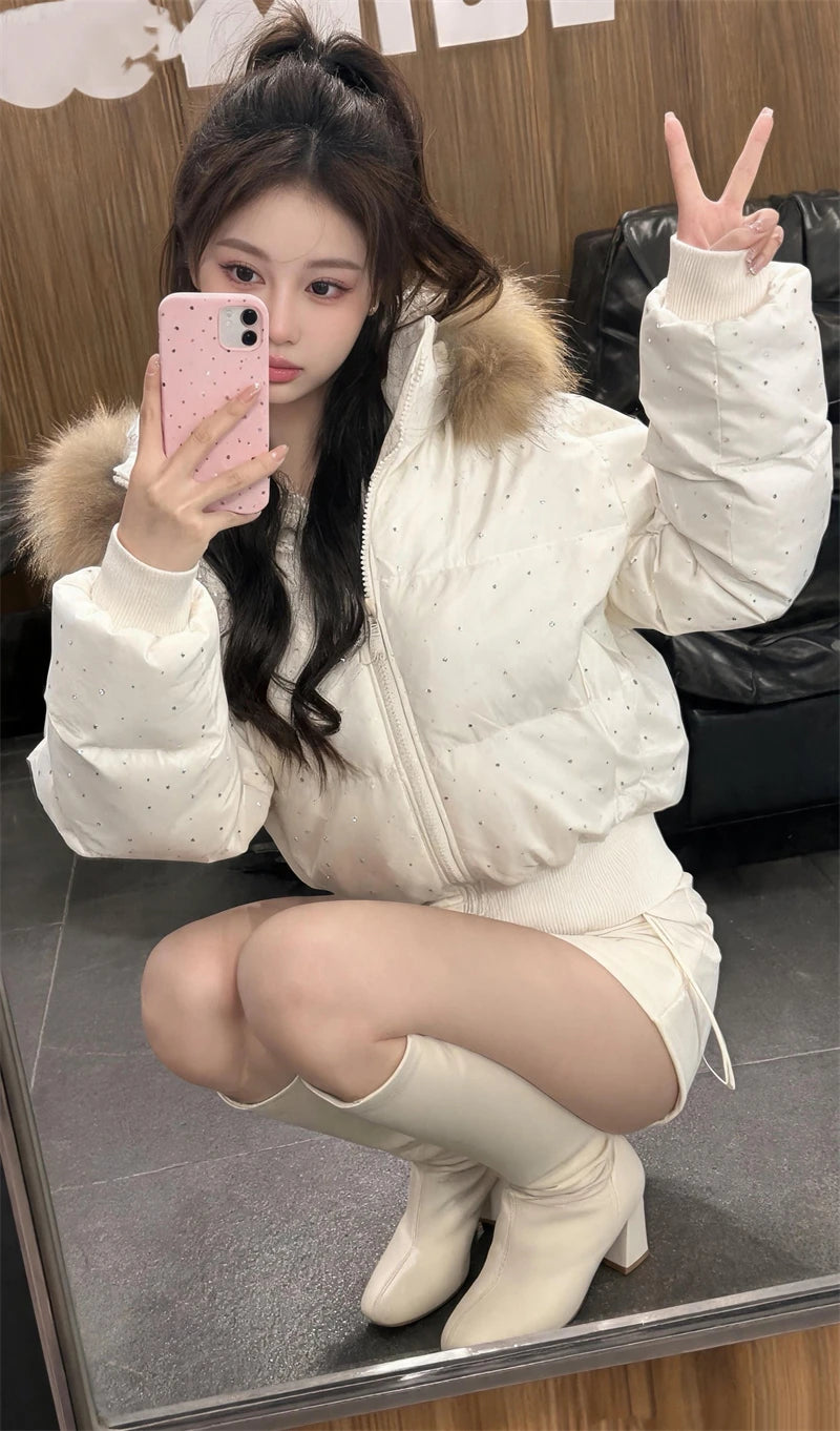 Women's Rhinestone Hooded Puffer Jacket with Plush Trim