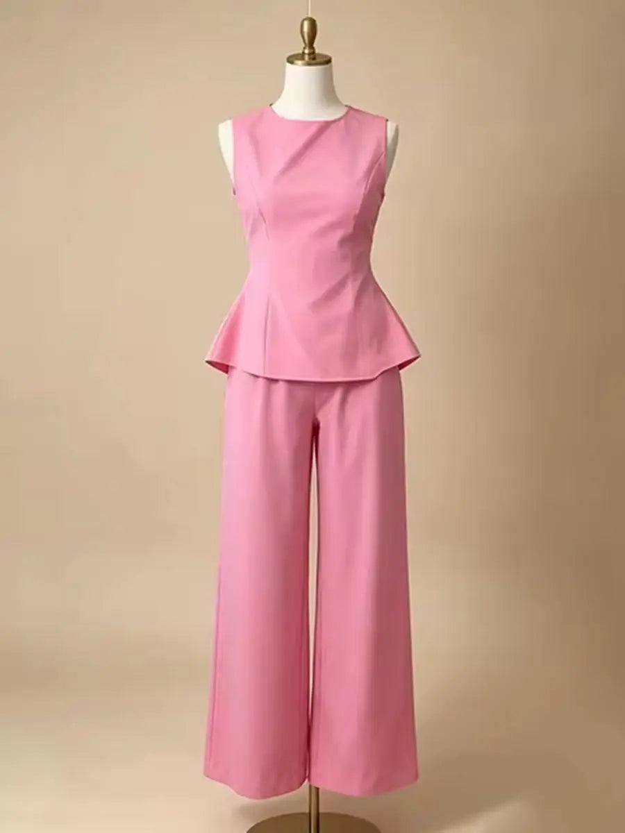 2026 Women Casual Set Elegant Back Tie Sleeveless Peplum Top + Wide Leg Pants 2 Pieces