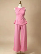 2026 Women Casual Set Elegant Back Tie Sleeveless Peplum Top + Wide Leg Pants 2 Pieces