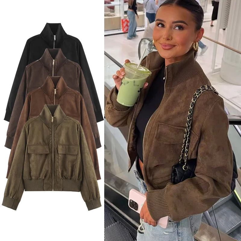 Imagem composta com quatro variações de cores da jaqueta zip-up e foto lifestyle da versão verde-oliva.