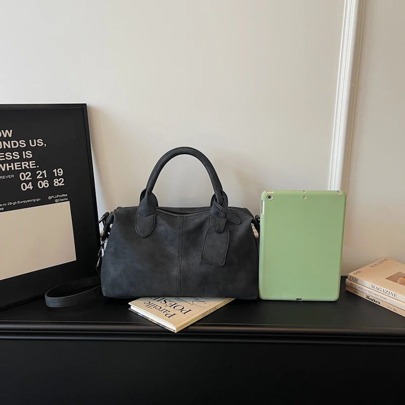 Women's Boston-Style PU Leather Shoulder Bag with Zipper