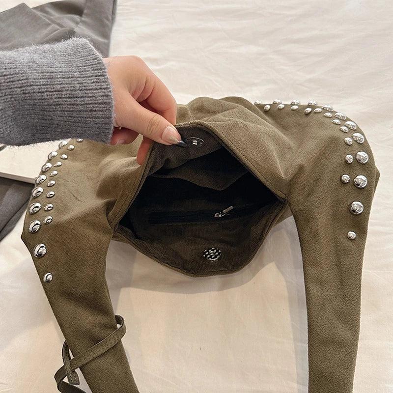 Suede Retro Rivets Design Shoulder Bag Women Snap Large Handbags Soft Tote Bags