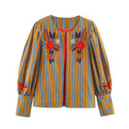 Women's Jacket Vintage Striped Open-Stitch O-Neck Full-Sleeve Cropped Button-Trim Casual Coat