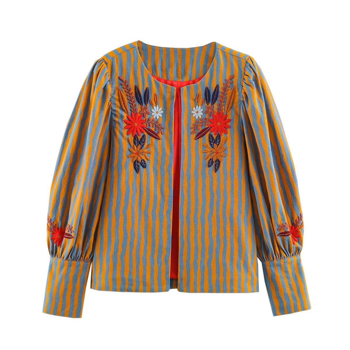 Women's Jacket Vintage Striped Open-Stitch O-Neck Full-Sleeve Cropped Button-Trim Casual Coat