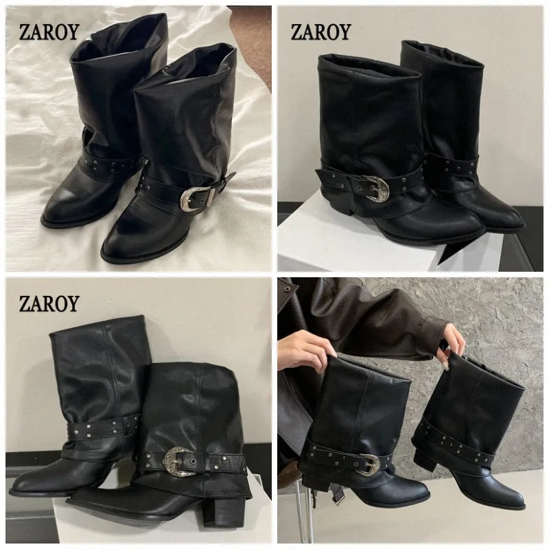 Women's Western Buckle Ankle Boots with Block Heels