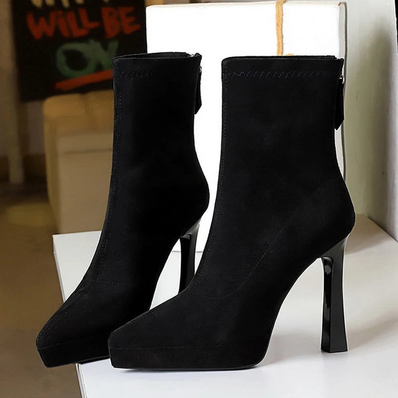 Women’s Suede Ankle Boots – Pointed Toe Platform Stiletto