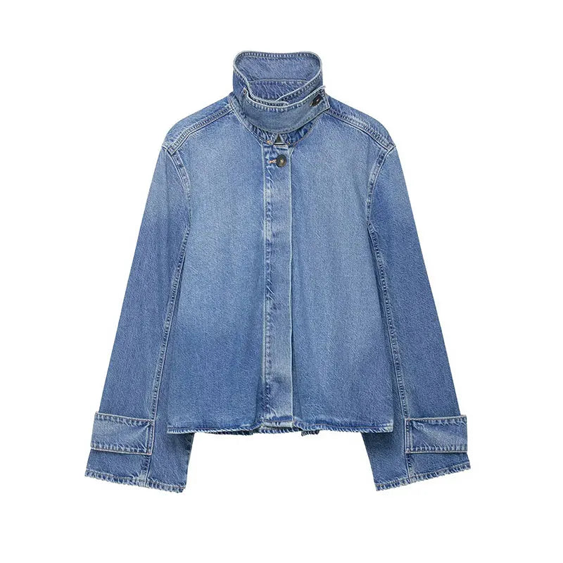 Women's Street Fashion Denim Jackets Long Sleeves High Neck New Casual Denim Coats ﻿