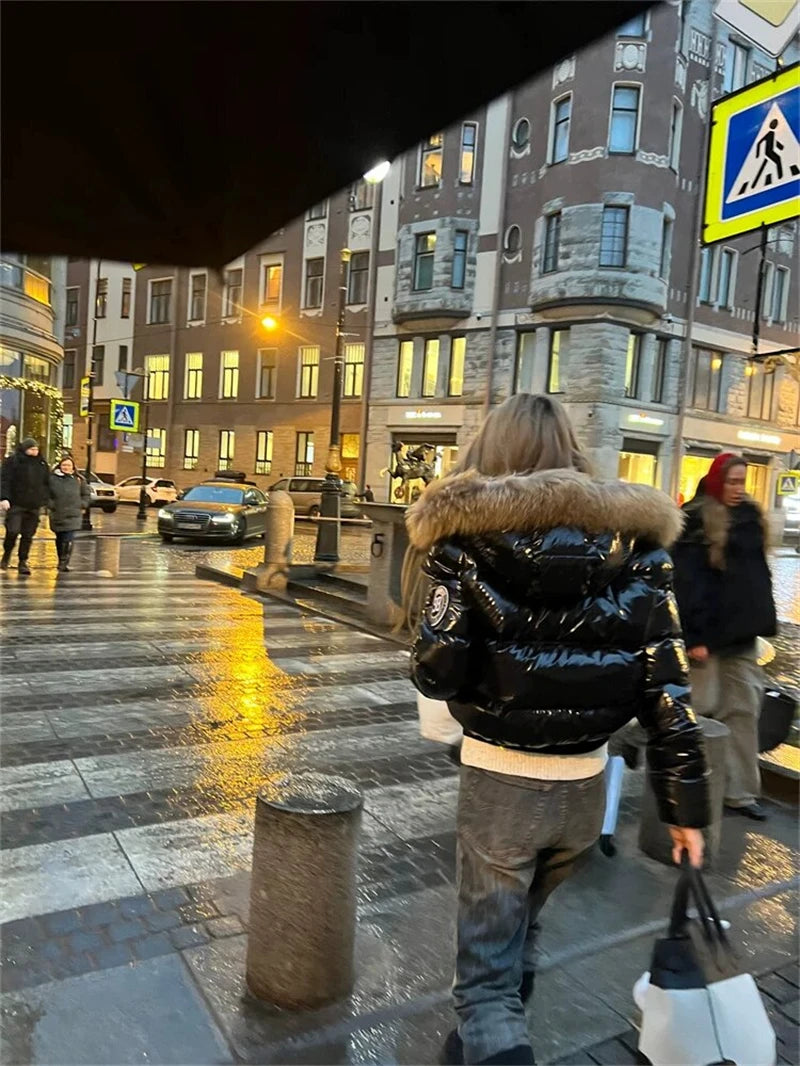 Women's Glossy Hooded Puffer Jacket with Faux Fur Trim