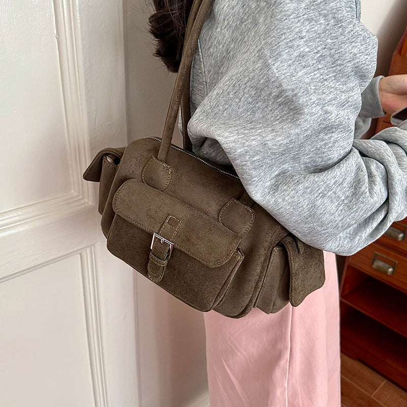 Women's Shoulder Bag Vintage Faux-Suede Baguette Zipper Underarm Bag with Phone Pocket