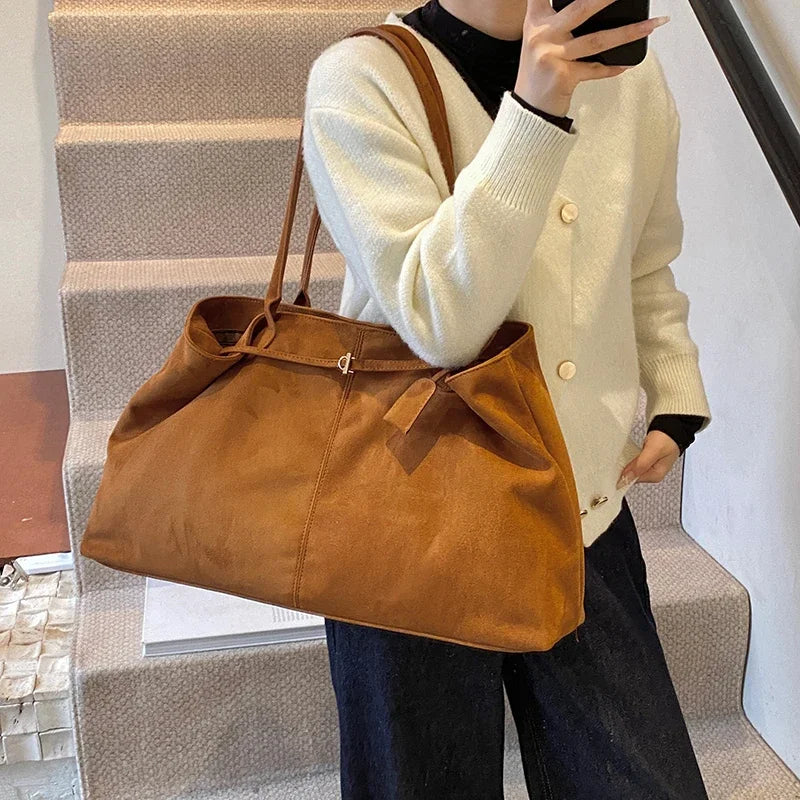 Retro Frosted Leather Extra Large Tote Bags Women Snap Shoulder Bag Belt Style Handbags