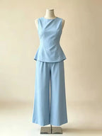 2026 Women Casual Set Elegant Back Tie Sleeveless Peplum Top + Wide Leg Pants 2 Pieces