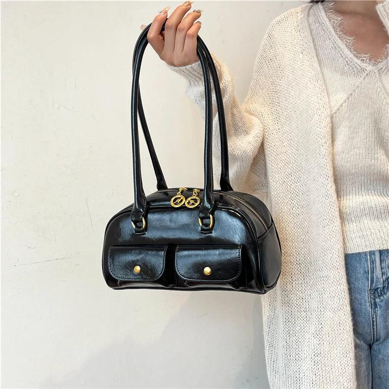 Double Snap Pockets Retro Leather Shoulder Bags Women Zipper Tote Handbags