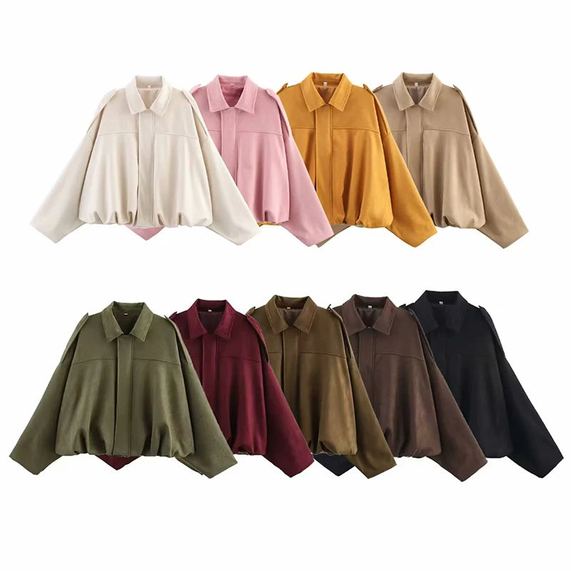 Women's Suede Textured Bomber Jacket Long Sleeve Lapel Collar Loose Coats Casual Outerwear