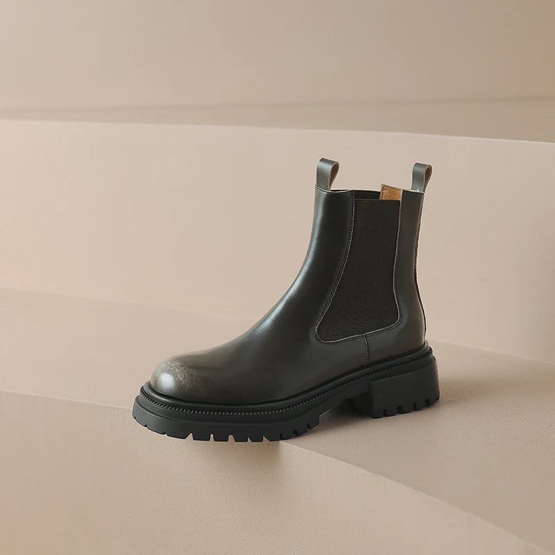 Arden Furtado Women's Calfskin Leather Chelsea Ankle Boots – Round Toe Square Heel