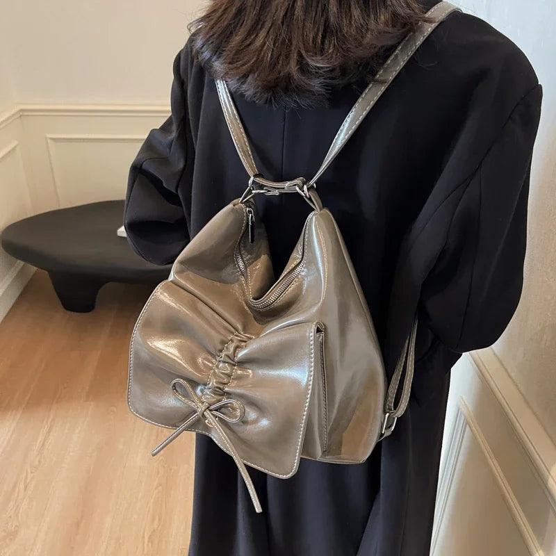 Leather Shoulder Bags Medium Women Flap Bow Drawstring Outer Pocket Zip Backpack