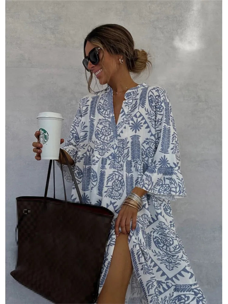 Bohemian Print Midi Dress – V-Neck 3/4 Sleeve Beach Dress