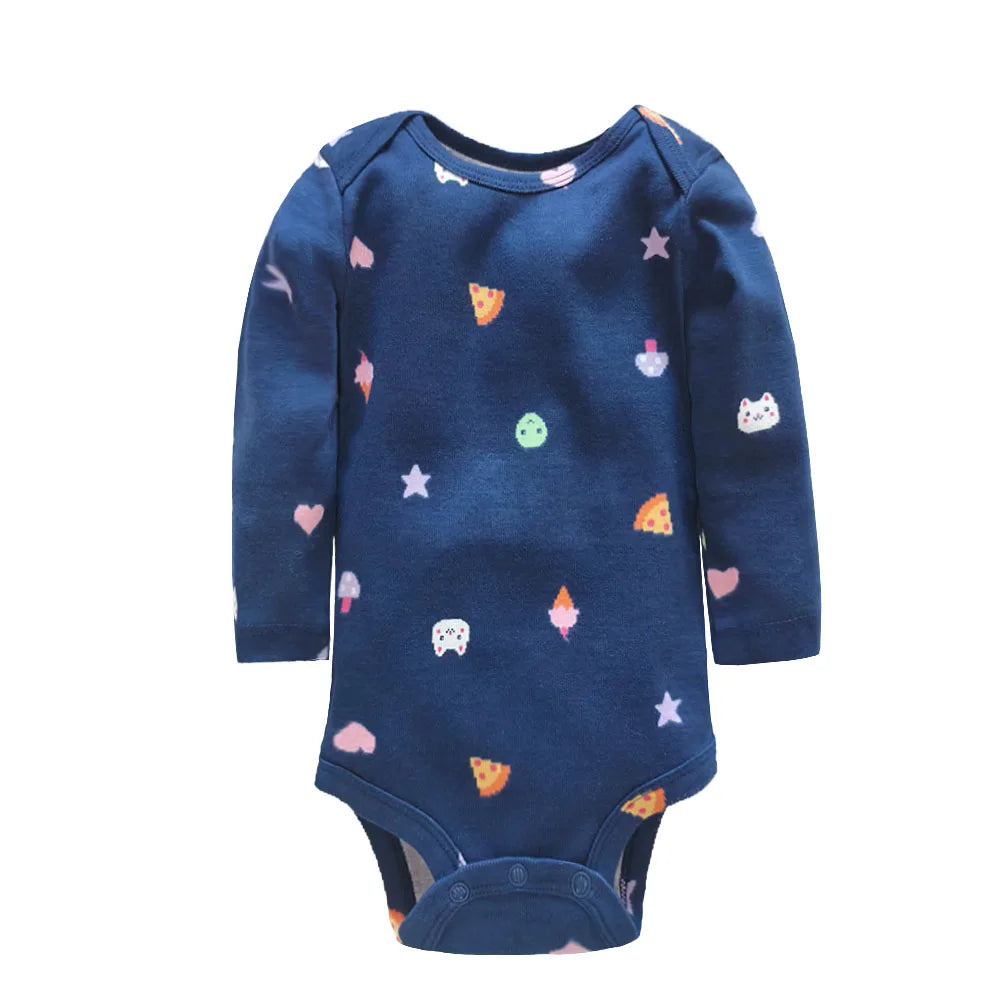 Navy romper with scattered colorful icons including pizza, hearts, stars, and cat faces
