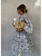 Bohemian Print Midi Dress – V-Neck 3/4 Sleeve Beach Dress