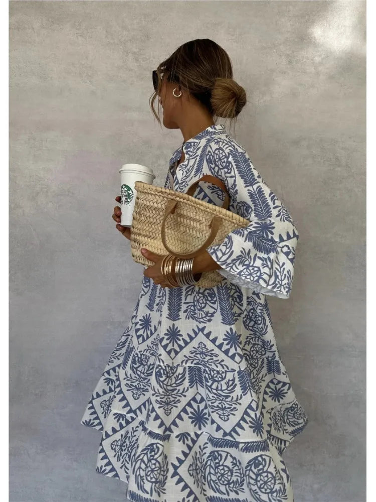 Bohemian Print Midi Dress – V-Neck 3/4 Sleeve Beach Dress