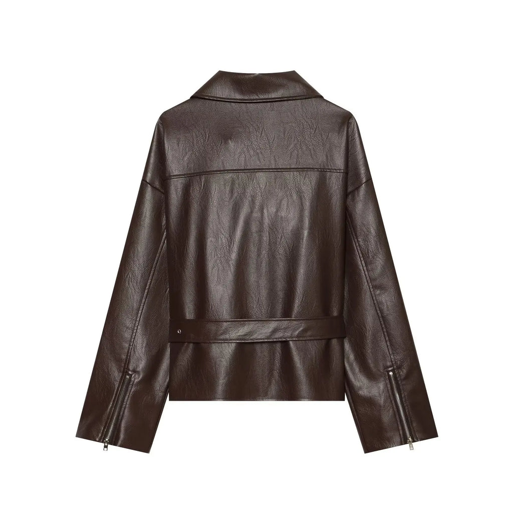 Women's Jacket Vintage Belted Faux PU Leather Front-Zip Turn-Down Lapel Full-Sleeve Casual Coat